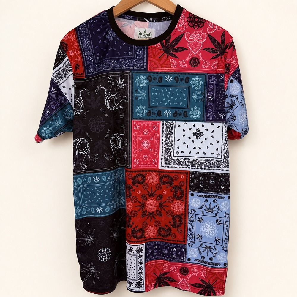 Kronic Prints Mens Large T Shirt Bandana Patchwork Weed Leaf Stoner Streetwear